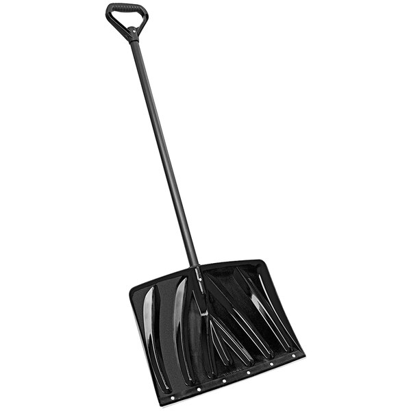 A black Suncast snow shovel with a long handle.