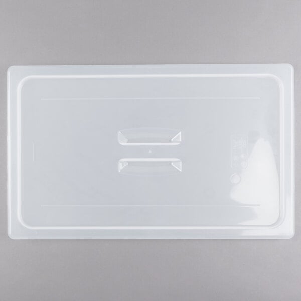 A translucent white plastic lid with handles for a rectangular container.