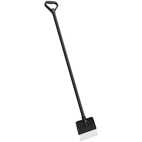 A black Suncast ice scraper with a long handle and a D-grip.