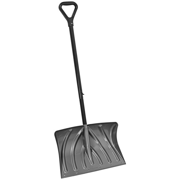 A black metal Suncast snow shovel with a D-grip handle.