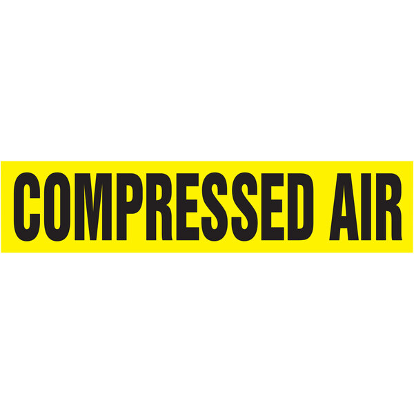 A yellow rectangular sign with black text that says "Compressed Air" and "Accuform Self-Stick Compressed Air Pipe Marker"