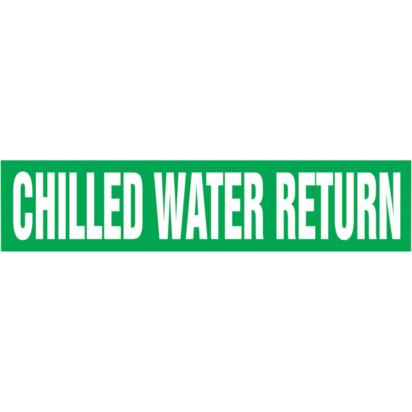 A green and white Accuform pipe marker with the words "Chilled Water Return" and an arrow pointing right.