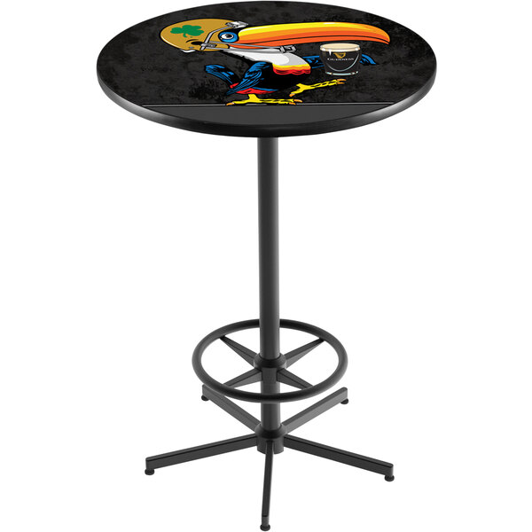 A round black bar table with a Guinness Toucan on it.