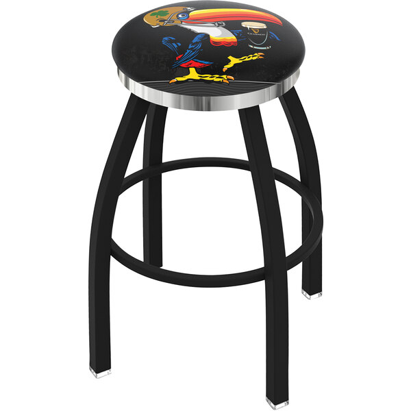 A Holland Bar Stool black counter height swivel stool with a padded seat and a toucan on the backrest.