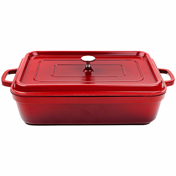 A red rectangular roasting pan with a lid.