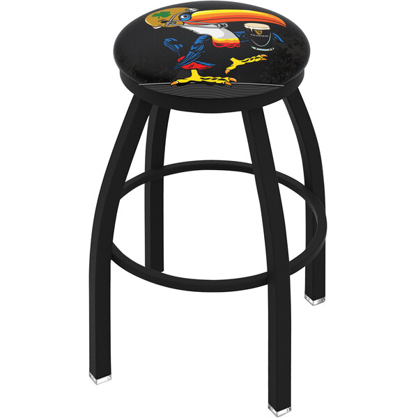 A black bar stool with a toucan bird on it.
