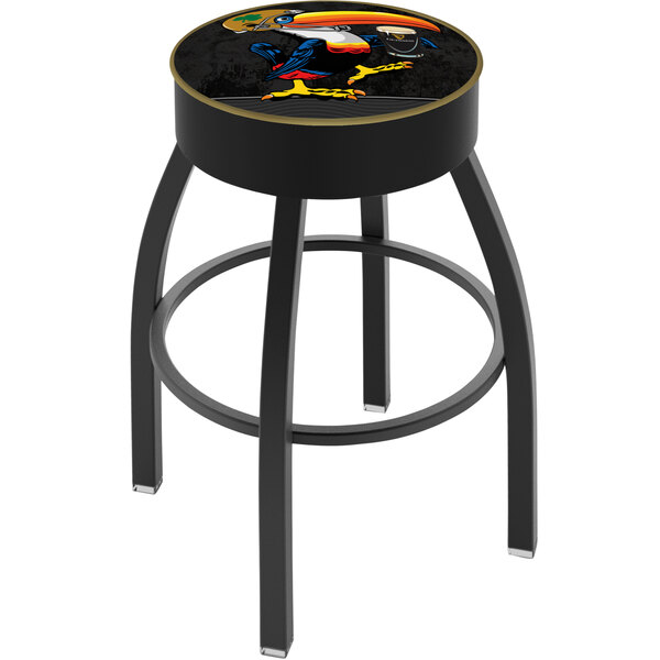 A black Holland Bar Stool with a colorful Notre Dame Toucan design on the seat.