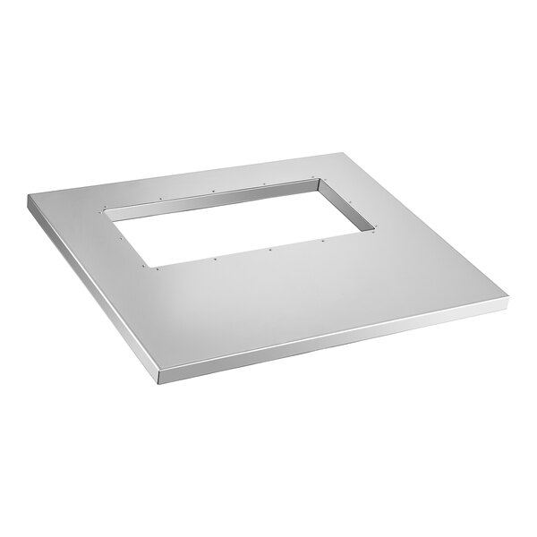 A white rectangular metal plate with a hole in the middle.