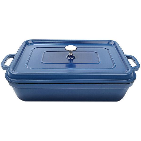A cobalt blue enamel coated rectangular roasting pan with a lid.