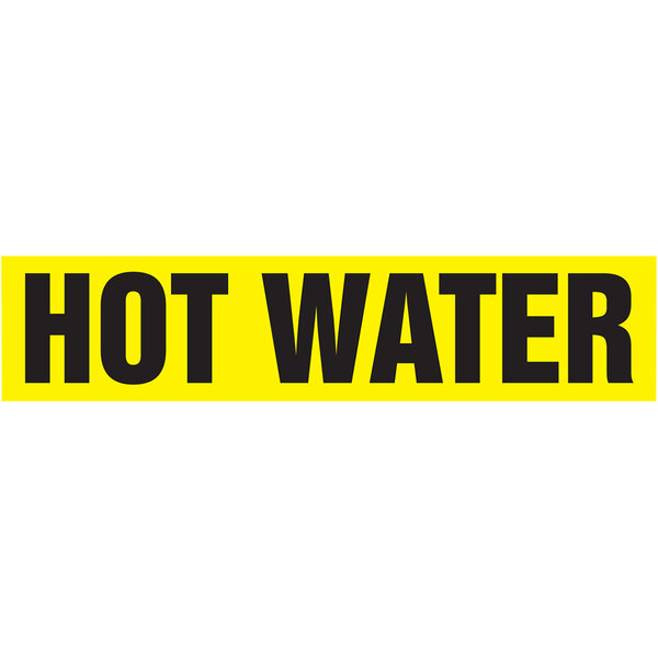 An Accuform yellow and black self-stick hot water pipe marker with black lettering on a white background.