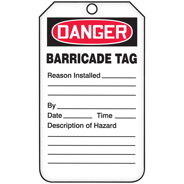 A white plastic Accuform "Danger" barricade tag with red and black text.