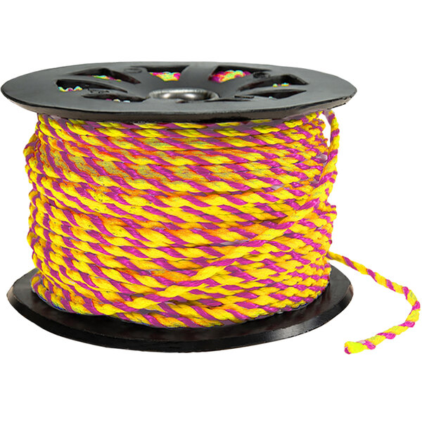 A spool of magenta and yellow polypropylene rope.