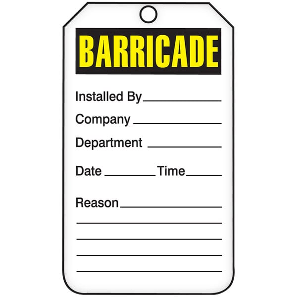 A white Accuform plastic tag with black and yellow text reading "Barricade" and a yellow barcode.