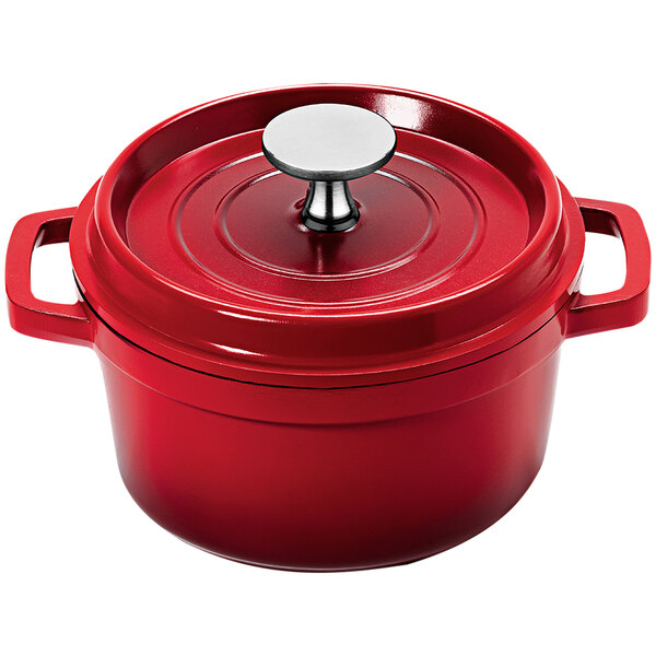 A red GET Heiss round Dutch oven with a lid and a handle.