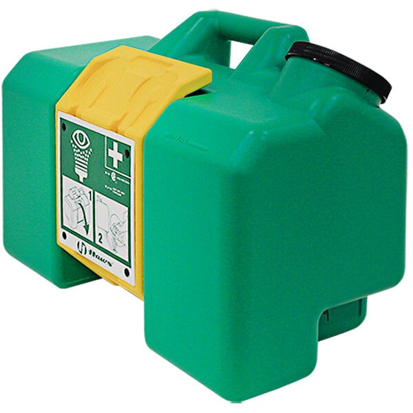 A green plastic container with a yellow handle.