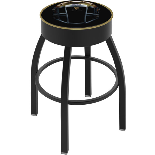 A black Holland Bar Stool with a gold padded seat and a Notre Dame football helmet design on the back.