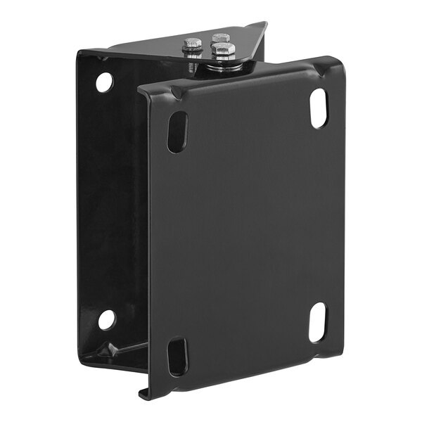 A black powder-coated metal bracket with a screw on the side.