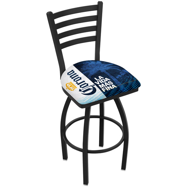 A white bar stool with a navy blue seat and back featuring a white palm tree logo.