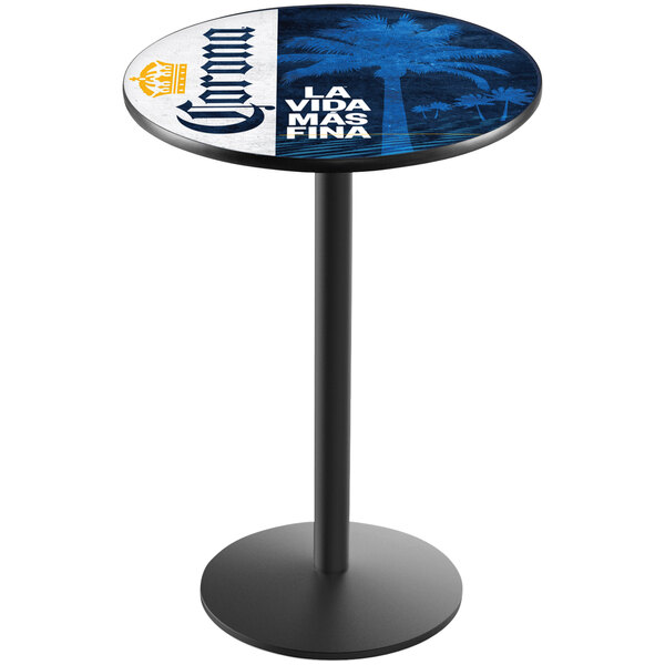 A white Holland Bar Stool pub table with a navy palm tree logo on the top.