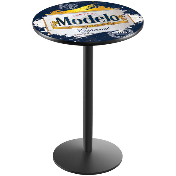 A round bar table with a white Modelo logo on it.