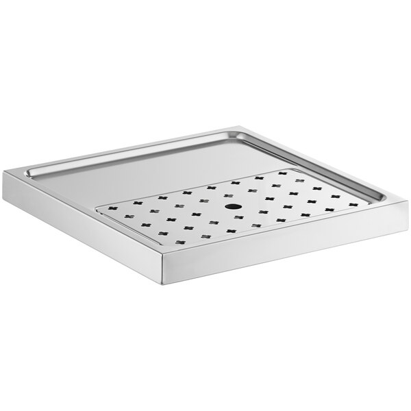 A silver square stainless steel platform drip tray with holes.