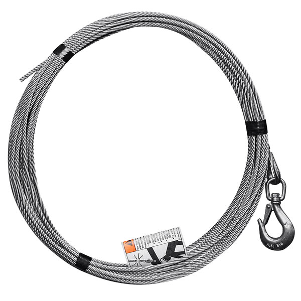 An OZ Lifting stainless steel wire rope assembly with a hook on the end.