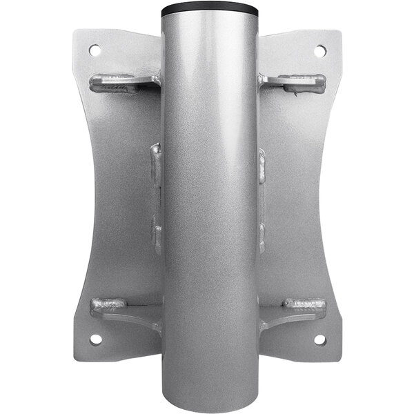 A silver metal wall mount bracket with two holes.