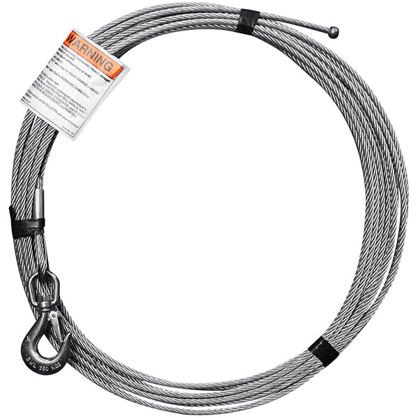 A coiled OZ Lifting galvanized steel wire rope with a hook on the end.