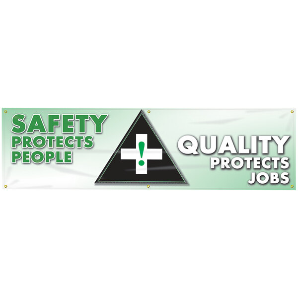 An Accuform safety banner with white and green text and symbols including a green and white cross with an exclamation mark.