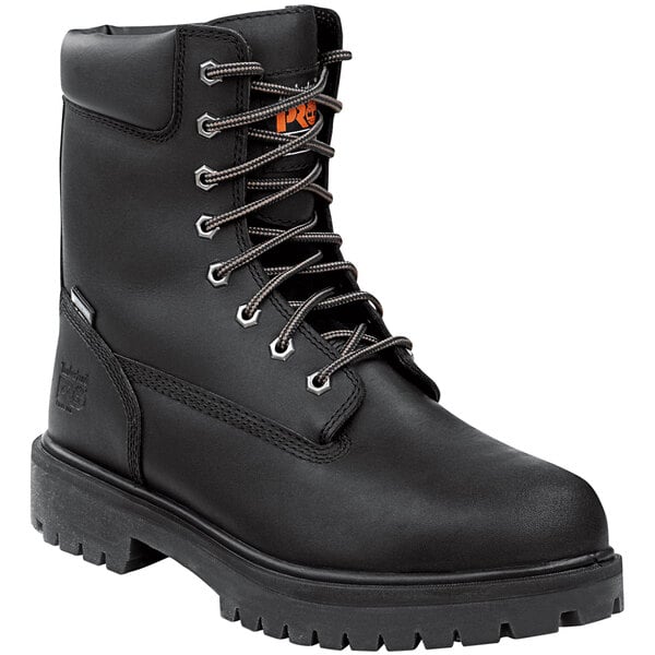 A black Timberland Pro steel toe boot with laces.