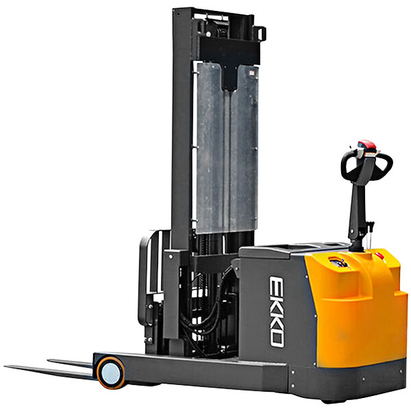 A yellow and black EKKO full electric powered reach truck with adjustable forks.