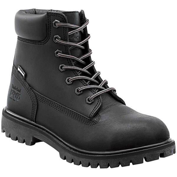 A black Timberland PRO steel toe leather boot for women with laces.