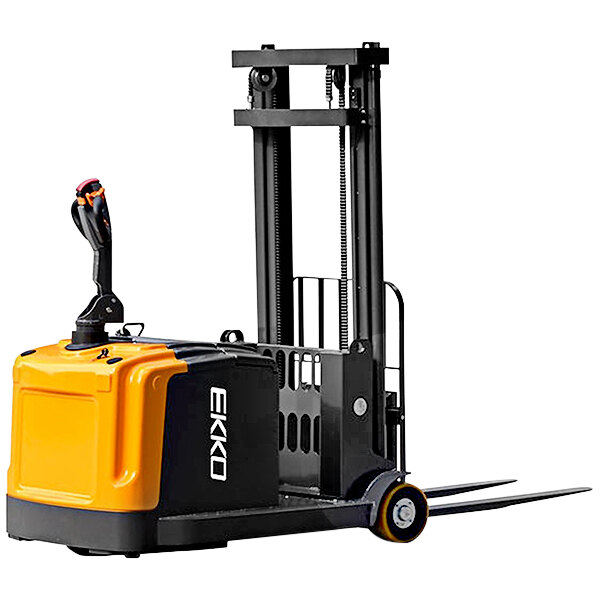 A yellow and black EKKO counterbalanced pallet lift with a yellow handle.