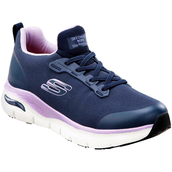 A navy Skechers women's athletic shoe with a close-up of the toe.