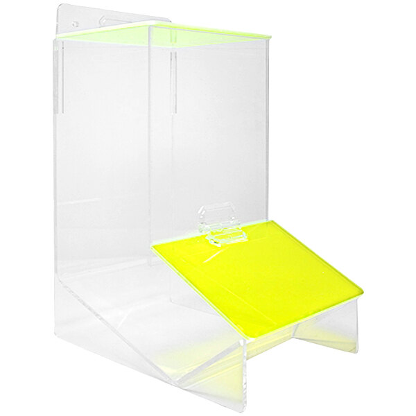 A clear plastic Accuform multi-use dispenser with a yellow and white label.
