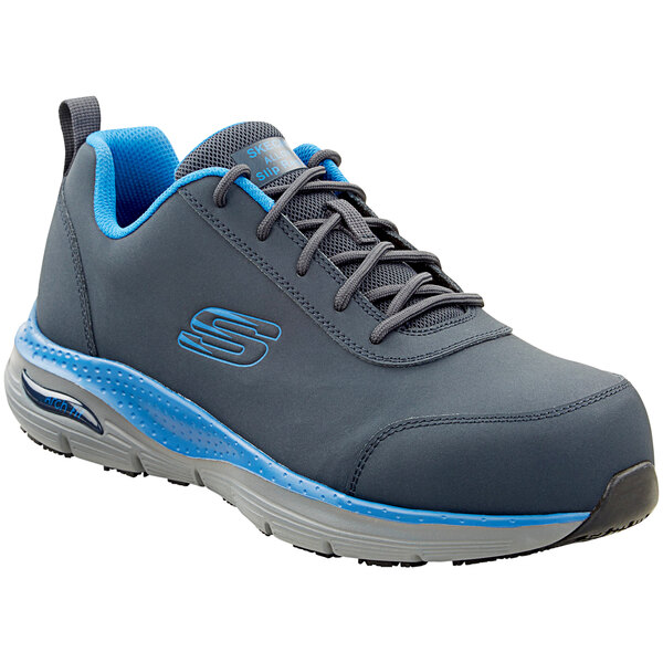 A navy and light blue Skechers Work shoe for men with alloy toe.