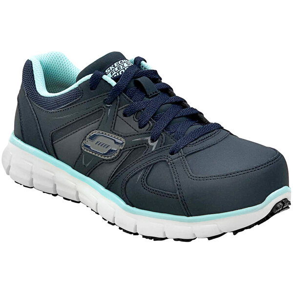 A navy and aqua Skechers Work Jackie athletic shoe with alloy toe.