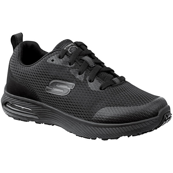 A black Skechers Jenny athletic shoe with laces.