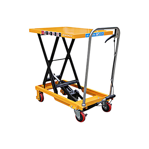 A yellow mobile single scissor lift table with black wheels.