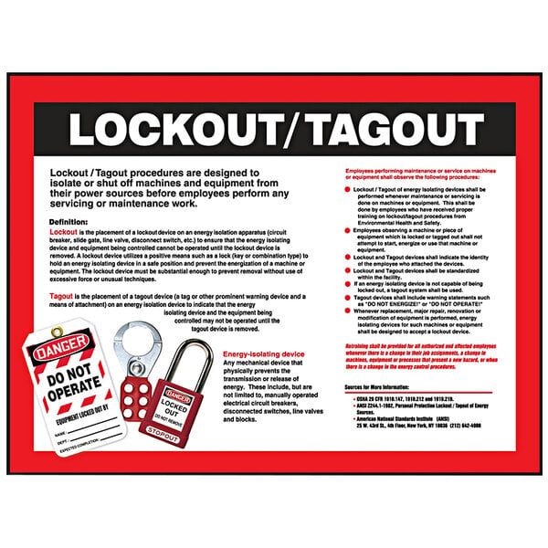 An Accuform "Lockout / Tagout" safety poster with red and black text on a white background.