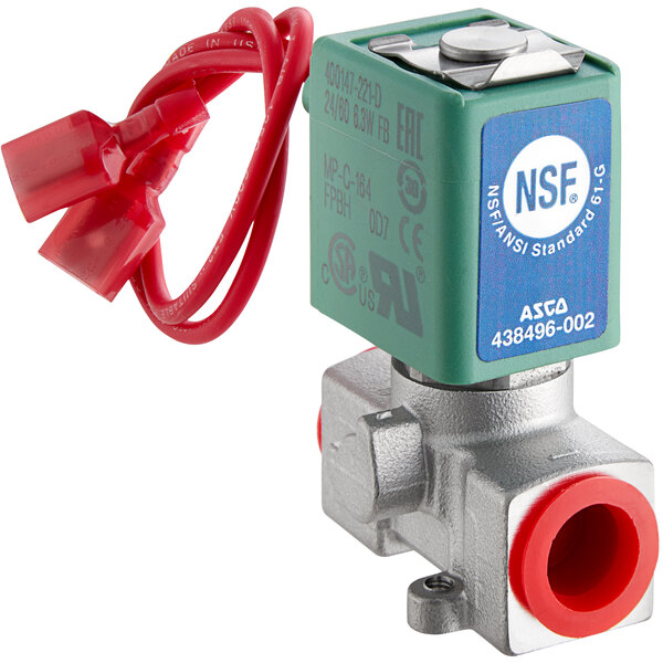 A close-up of an AccuTemp water solenoid valve with red wires.