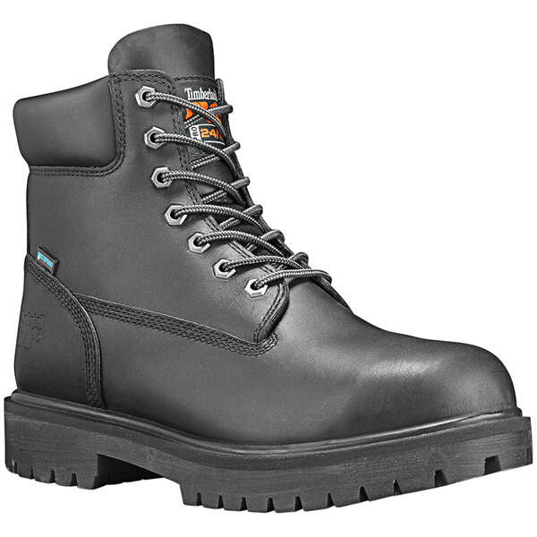 A Timberland black leather 6" soft toe boot with laces.