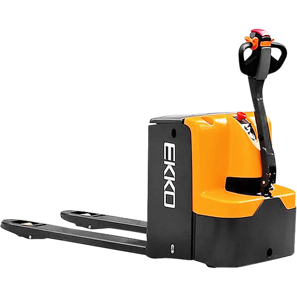 A close up of an EKKO heavy-duty electric pallet truck with black and yellow details.