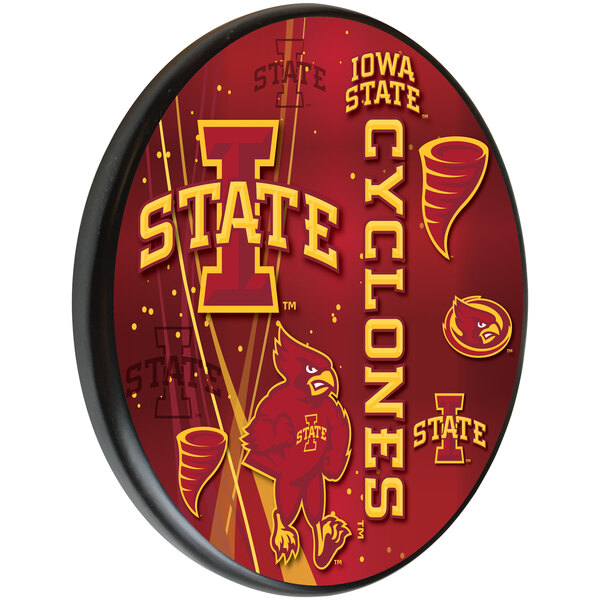 A red oval wooden sign with yellow and red text that says "Iowa State Cyclones" and features a red mascot.