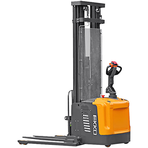 An EKKO full electric powered straddle forklift with yellow and black parts.