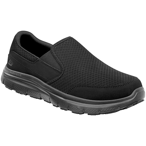 A black Skechers non-slip athletic shoe.