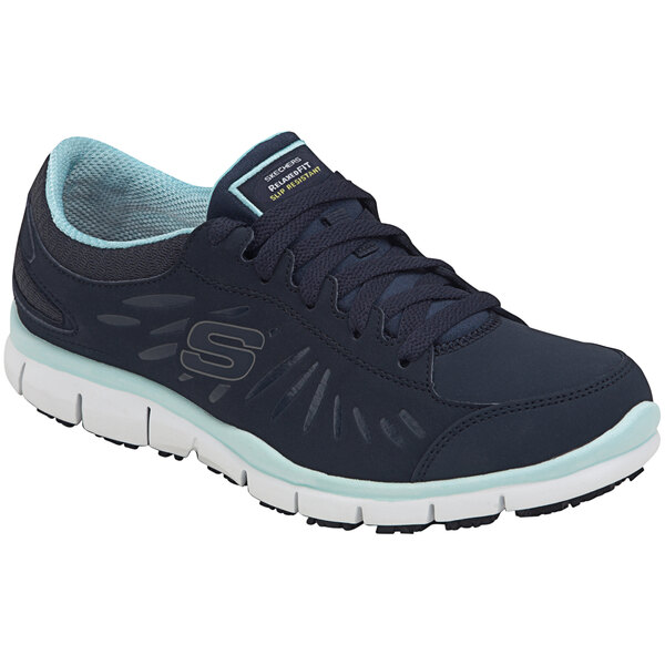 A close-up of navy and aqua Skechers Work Stacey non-slip athletic shoes.