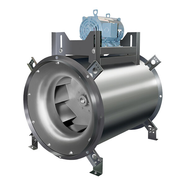 A NAKS belt drive centrifugal inline exhaust fan with a blue motor inside a metal cylinder.