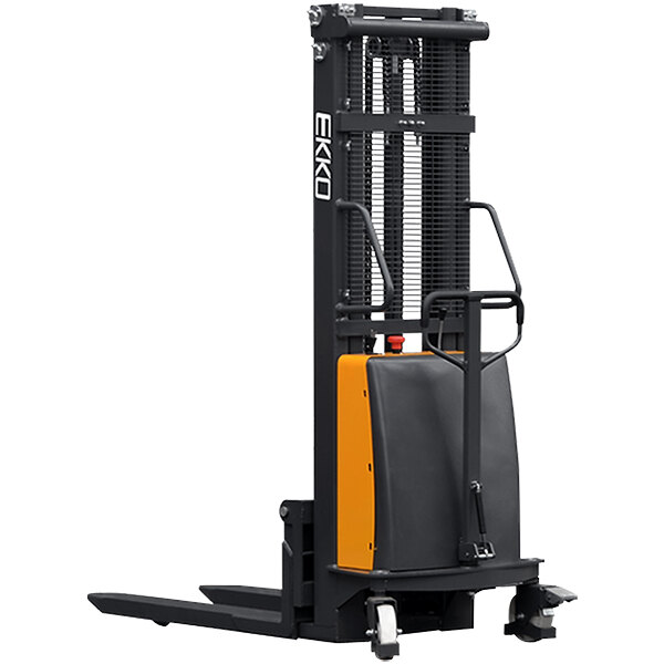 A black and yellow EKKO semi-electric forklift stacker.