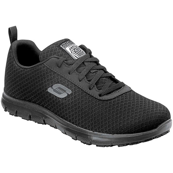 A black Skechers women's athletic shoe with a white logo.